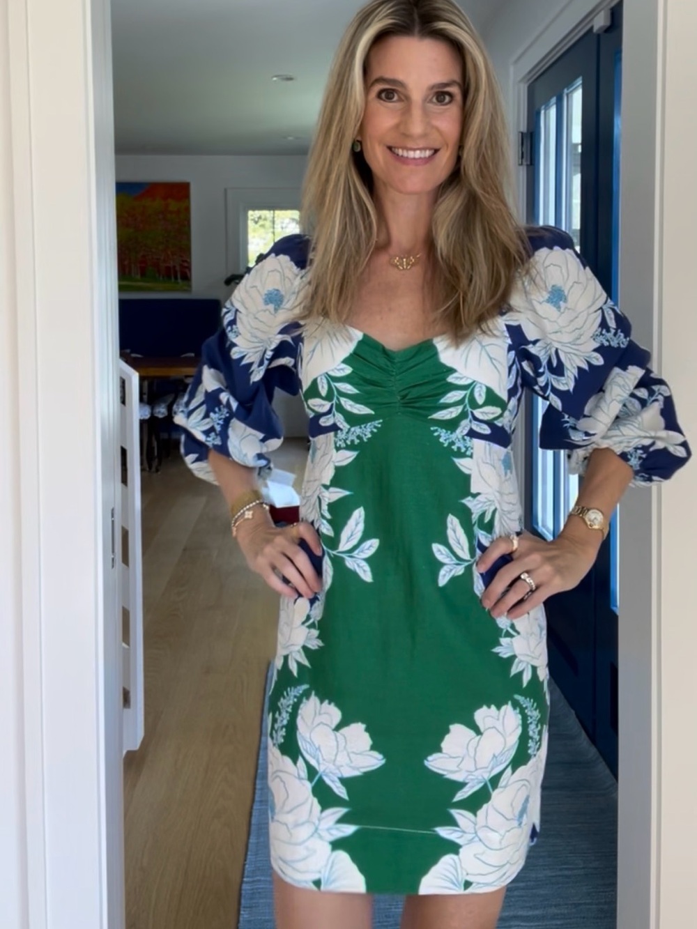 FARM Rio Green Floral Puff-Sleeve Dress with Navy Accents